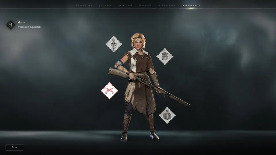 Die Figur Marie mit Gewehr in der Ausrüstungsansicht des Spiels